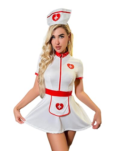 MSemis Damen Krankenschwester Kostüm Erotik Dessous-Sets mit Hut Brustfrei Bra Rückenfrei Pflegeuniformen Cosplay Kostüm Verkleidung Weiß AF L von MSemis