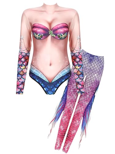 MSemis Damen Meerjungfrau Kostüm Sexy Langarm Fischschuppen Druck Junpsuit Overall und Mermaid Leggings Karneval Fasching Party Nude&Hot Pink M von MSemis