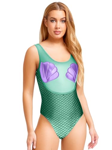 MSemis Damen Meerjungfrauen Bodysuit mit Muschel-Cups Einteiliger Badeanzug Ärmellos Fisch Schuppen Surfanzug Jumpsuit Faschingskostüm Mottoparty Kostüm Türkis L von MSemis