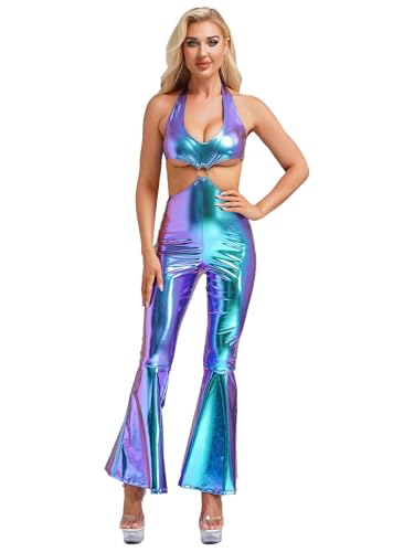 MSemis Damen Metallic Body Ärmellos Ganzkörperanzug Eng Stretch Flared Hosen Overall Disco Kostüm 70er Jahre Rave Outfit Blau XXL MSemis Damen Metallic Body Ärmellos Ganzkörperanzug Eng Stretch Flared Hosen Overall Disco Kostüm 70er Jahre Rave Outfit Blau XXL von MSemis