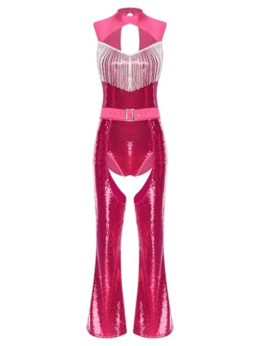 MSemis Damen Metallic Halter Jumpsuits mit Quaste ärmellosen Bodysuit 70er Disco Kostüm High Waist Ganzanzug Karneval Fasching Hot Pink XXL von MSemis