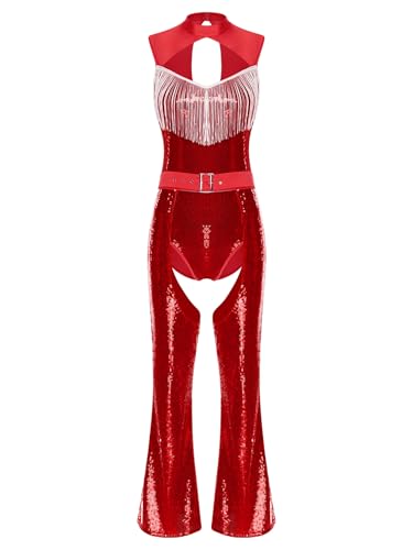 MSemis Damen Metallic Halter Jumpsuits mit Quaste ärmellosen Bodysuit 70er Disco Kostüm High Waist Ganzanzug Karneval Fasching Rot S MSemis Damen Metallic Halter Jumpsuits mit Quaste ärmellosen Bodysuit 70er Disco Kostüm High Waist Ganzanzug Karneval Fasching Rot S von MSemis