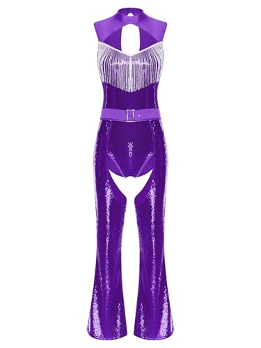 MSemis Damen Metallic Halter Jumpsuits mit Quaste ärmellosen Bodysuit 70er Disco Kostüm High Waist Ganzanzug Karneval Fasching Violett XL von MSemis