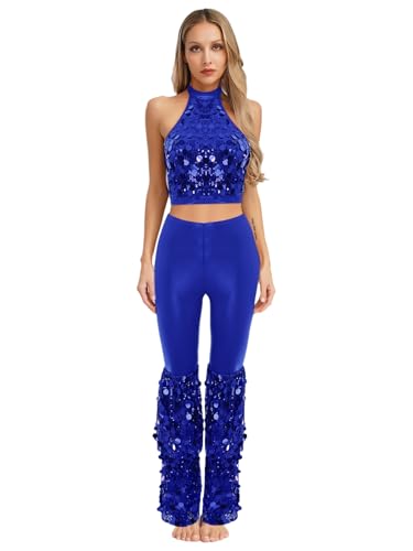 MSemis Damen 70er Jahre Disco Kostüm 2 Teilig Pailletten Neckholder Crop Top Mit Schlaghosen Party Rave Outfit Blau XXL MSemis Damen 70er Jahre Disco Kostüm 2 Teilig Pailletten Neckholder Crop Top Mit Schlaghosen Party Rave Outfit Blau XXL von MSemis