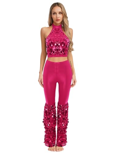 MSemis Damen 70er Jahre Disco Kostüm 2 Teilig Pailletten Neckholder Crop Top Mit Schlaghosen Party Rave Outfit Hot Pink XXL MSemis Damen 70er Jahre Disco Kostüm 2 Teilig Pailletten Neckholder Crop Top Mit Schlaghosen Party Rave Outfit Hot Pink XXL von MSemis