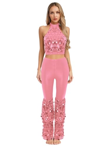 MSemis Damen 70er Jahre Disco Kostüm 2 Teilig Pailletten Neckholder Crop Top Mit Schlaghosen Party Rave Outfit Rosa XXL MSemis Damen 70er Jahre Disco Kostüm 2 Teilig Pailletten Neckholder Crop Top Mit Schlaghosen Party Rave Outfit Rosa XXL von MSemis