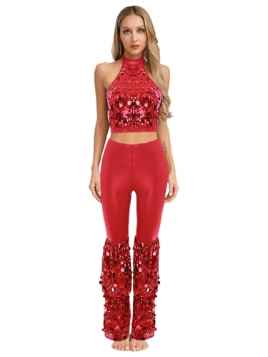 MSemis Damen 70er Jahre Disco Kostüm 2 Teilig Pailletten Neckholder Crop Top Mit Schlaghosen Party Rave Outfit Rot XXL MSemis Damen 70er Jahre Disco Kostüm 2 Teilig Pailletten Neckholder Crop Top Mit Schlaghosen Party Rave Outfit Rot XXL von MSemis