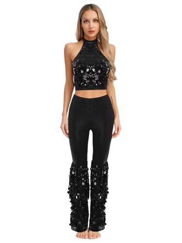 MSemis Damen 70er Jahre Disco Kostüm 2 Teilig Pailletten Neckholder Crop Top Mit Schlaghosen Party Rave Outfit Schwarz XXL MSemis Damen 70er Jahre Disco Kostüm 2 Teilig Pailletten Neckholder Crop Top Mit Schlaghosen Party Rave Outfit Schwarz XXL von MSemis