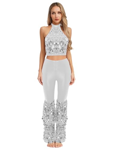 MSemis Damen Pailletten Retro 70s Disco Outfit Ärmellos Crop Tops +Lange Schlaghose 80s Fasching Bekeidung Halloween Party Weiß XL von MSemis