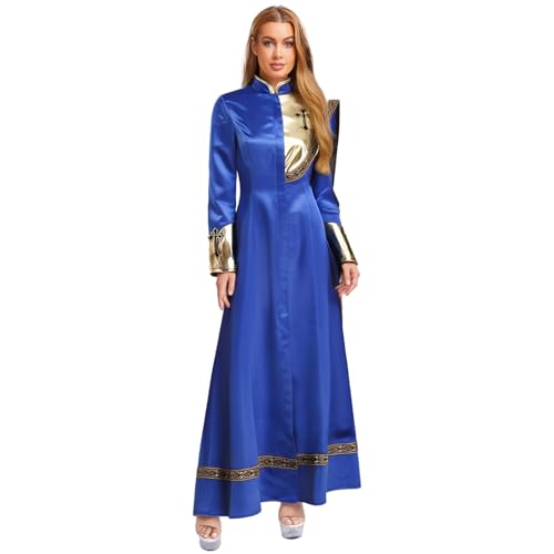 MSemis Damen Priester Predigergewand Robe mit Kreuzdetail Metallisch Klerikergewand Robe Mittelalterliches Faschingskostüme Kostüm Vintage Kirchen MaxiKleid A Königsblau 3XL von MSemis