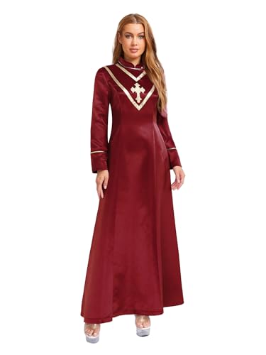 MSemis Damen Priester Predigergewand Robe mit Kreuzdetail Metallisch Klerikergewand Robe Mittelalterliches Faschingskostüme Kostüm Vintage Kirchen MaxiKleid B Burgundy XL MSemis Damen Priester Predigergewand Robe mit Kreuzdetail Metallisch Klerikergewand Robe Mittelalterliches Faschingskostüme Kostüm Vintage Kirchen MaxiKleid B Burgundy XL von MSemis