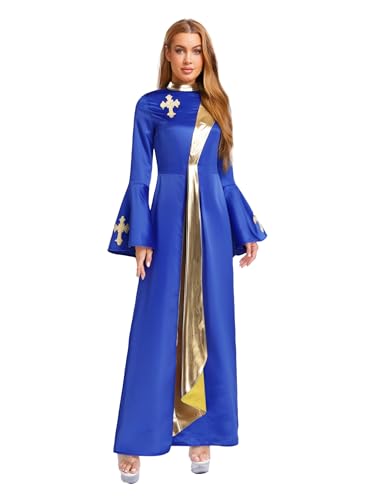 MSemis Damen Priester Predigergewand Robe mit Kreuzdetail Metallisch Klerikergewand Robe Mittelalterliches Faschingskostüme Kostüm Vintage Kirchen MaxiKleid C Königsblau S von MSemis