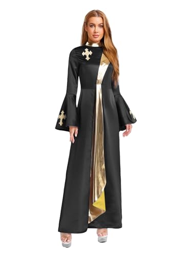 MSemis Damen Priester Predigergewand Robe mit Kreuzdetail Metallisch Klerikergewand Robe Mittelalterliches Faschingskostüme Kostüm Vintage Kirchen MaxiKleid C Schwarz 3XL von MSemis