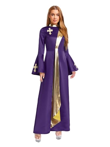 MSemis Damen Priester Predigergewand Robe mit Kreuzdetail Metallisch Klerikergewand Robe Mittelalterliches Faschingskostüme Kostüm Vintage Kirchen MaxiKleid C Violett M von MSemis