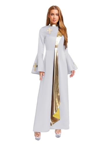 MSemis Damen Priester Predigergewand Robe mit Kreuzdetail Metallisch Klerikergewand Robe Mittelalterliches Faschingskostüme Kostüm Vintage Kirchen MaxiKleid C Weiß XXL von MSemis