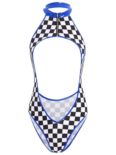MSemis Damen Rennfahrer Kostüm Neckholder Bodysuit Kariertes Schachbrett Leotard Ärmellos Hollow Out Strampler Party Clubwear Blau M von MSemis
