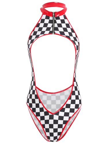 MSemis Damen Rennfahrer Kostüm Neckholder Bodysuit Kariertes Schachbrett Leotard Ärmellos Hollow Out Strampler Party Clubwear Rot XL von MSemis