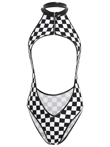 MSemis Damen Rennfahrer Kostüm Neckholder Bodysuit Kariertes Schachbrett Leotard Ärmellos Hollow Out Strampler Party Clubwear Schwarz M von MSemis