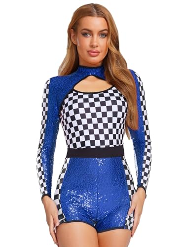 MSemis Damen Rennfahrerin Rollenspiel Tanzkostüm Pailletten Body Cut-Outs Schachbrett Patchwork Ärmel Glänzende Pailletten Kostüm Party Outfit Halloween Festival von MSemis