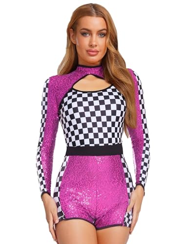 MSemis Damen Rennfahrerin Rollenspiel Tanzkostüm Pailletten Body Cut-Outs Schachbrett Patchwork Ärmel Glänzende Pailletten Kostüm Party Outfit Halloween Festival von MSemis