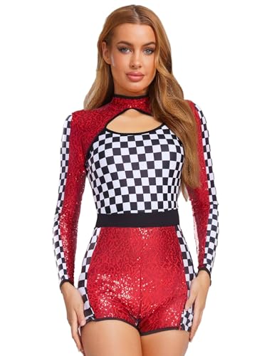 MSemis Damen Rennfahrerin Rollenspiel Tanzkostüm Pailletten Body Cut-Outs Schachbrett Patchwork Ärmel Glänzende Pailletten Kostüm Party Outfit Halloween Festival von MSemis