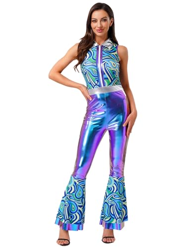 MSemis Damen Retro 70er Disco Romper V-Ausschnitt Ärmellos Ausgestellte Hosen Lange Neckholder Jumpsuit Fastnacht Karneval Kostüm Farbverlauf Blau XXL MSemis Damen Retro 70er Disco Romper V-Ausschnitt Ärmellos Ausgestellte Hosen Lange Neckholder Jumpsuit Fastnacht Karneval Kostüm Farbverlauf Blau XXL von MSemis