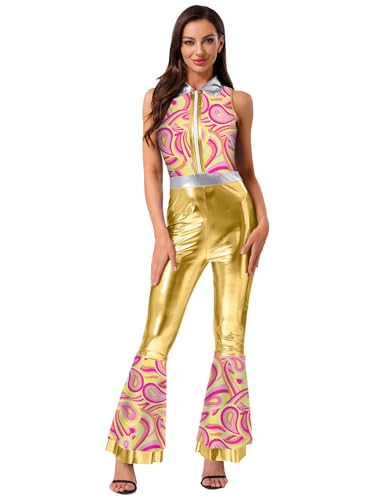 MSemis Damen Retro 70er Disco Romper V-Ausschnitt Ärmellos Ausgestellte Hosen Lange Neckholder Jumpsuit Fastnacht Karneval Kostüm Gold S von MSemis