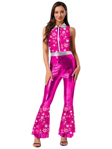 MSemis Damen Retro 70er Disco Romper V-Ausschnitt Ärmellos Ausgestellte Hosen Lange Neckholder Jumpsuit Fastnacht Karneval Kostüm Hot Pink XXL MSemis Damen Retro 70er Disco Romper V-Ausschnitt Ärmellos Ausgestellte Hosen Lange Neckholder Jumpsuit Fastnacht Karneval Kostüm Hot Pink XXL von MSemis