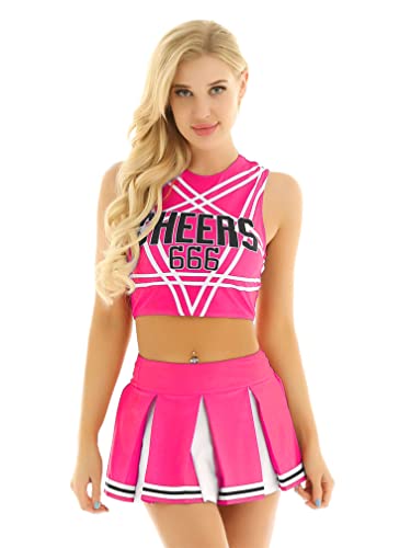 MSemis Damen Sexy Cheerleading Kostüm Cheer Leader Uniform Karneval Fasching Party Halloween Kostüm Kleid Minirock mit Crop Top BH A Hot Pink M von MSemis