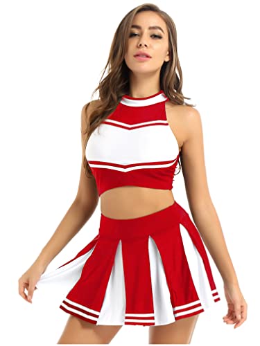 MSemis Damen Sexy Cheerleading Kostüm Cheer Leader Uniform Karneval Fasching Party Halloween Kostüm Kleid Minirock mit Crop Top BH B Rot XL von MSemis