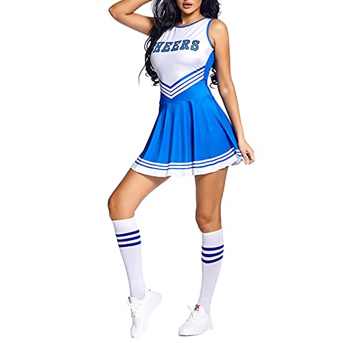 MSemis Damen Sexy Cheerleading Kostüm Cheer Leader Uniform Karneval Fasching Party Halloween Kostüm Kleid Minirock mit Crop Top BH N Blau L von MSemis