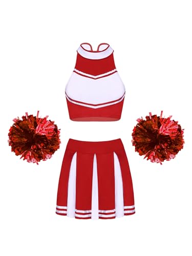 MSemis Damen Sexy Cheerleading Kostüm Cheer Leader Uniform Karneval Fasching Party Halloween Kostüm Kleid Minirock mit Crop Top BH N Ein Rot L von MSemis