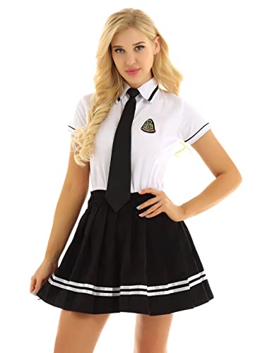 MSemis Damen Sexy Schulmädchen Kostüm Schuluniform Japan Anime Cosplay Uniform Outfits 3tlg. Sets ärmellos/langarm Hemd + Minirock + Krawatte Weiß & Schwarz 3XL von MSemis