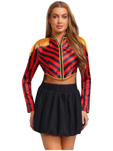 MSemis Damen Vintage Circus Ringmaster Kostüm mit Streifen Langarm Quasten Mantel Renaissance Zirkusdirektor Uniform rot schwarz XL von MSemis