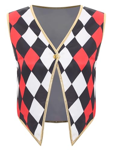 MSemis Damen Zirkus Weste Karomuster Zirkusdirektor Cosplay Tanktop Ärmelos V-Ausschnitt Button-Down Weste Goldbesatz Unregelmäßiger Saum Karneval Kostüm Fasching Red&Black XXL von MSemis