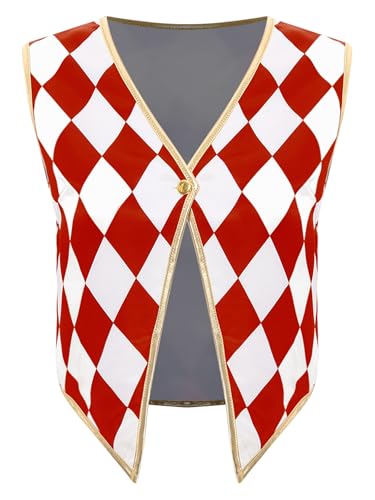 MSemis Damen Zirkus Weste Karomuster Zirkusdirektor Cosplay Tanktop Ärmelos V-Ausschnitt Button-Down Weste Goldbesatz Unregelmäßiger Saum Karneval Kostüm Fasching Rot XL von MSemis