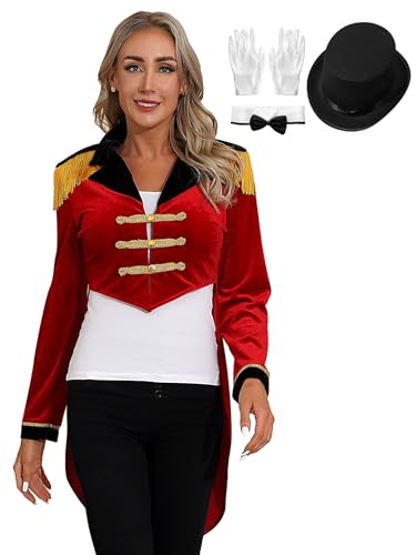 MSemis Damen Zirkus Zirkusdirektor Kostüm Set Langarm Fransen Jacke Mantel Blazer +Hut +Schleifenkragen +Handschuhe Halloween Karneval Cosplay Kostüm Uniform Rot B 3XL von MSemis