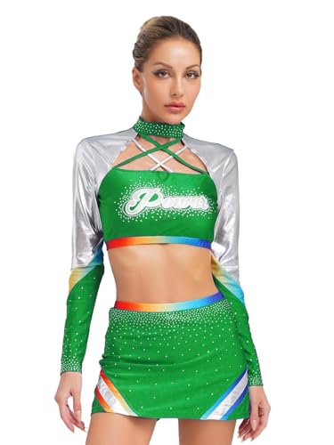 MSemis Damen Zwei Stücke Cheerleading Uniform Langarm Crop Top +Minirock Outfit High School Musical Party Tanzkleidung Grün XXL MSemis Damen Zwei Stücke Cheerleading Uniform Langarm Crop Top +Minirock Outfit High School Musical Party Tanzkleidung Grün XXL von MSemis