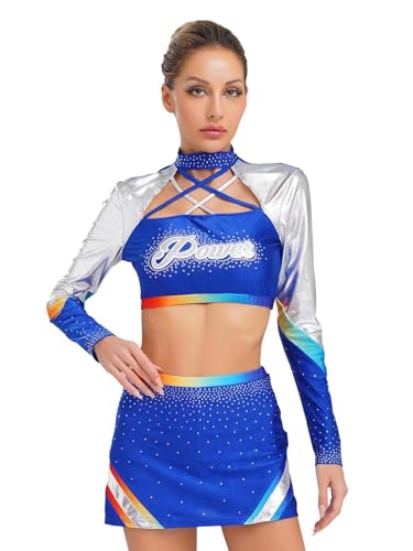 MSemis Damen Zwei Stücke Cheerleading Uniform Langarm Crop Top +Minirock Outfit High School Musical Party Tanzkleidung Königsblau XXL MSemis Damen Zwei Stücke Cheerleading Uniform Langarm Crop Top +Minirock Outfit High School Musical Party Tanzkleidung Königsblau XXL von MSemis