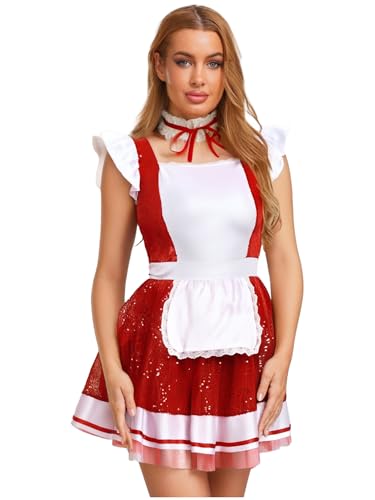 MSemis Dienstmädchen Kostüm für Damen mit Schal Lolita Uniform Spitzenbesatz Kostüm Cosplay Nachtclub Halloween Clubwear Fasching Partykleid Rot L von MSemis