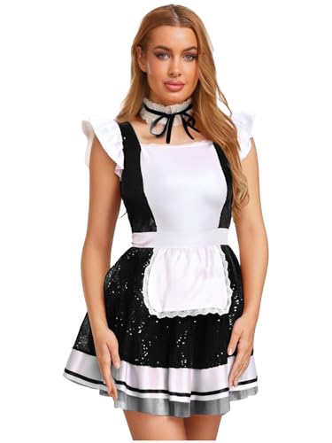 MSemis Dienstmädchen Kostüm für Damen mit Schal Lolita Uniform Spitzenbesatz Kostüm Cosplay Nachtclub Halloween Clubwear Fasching Partykleid Schwarz 3XL von MSemis