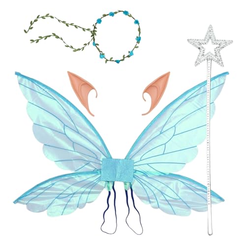 MSemis Erwachsene Kinder Funkelnde Durchsichtige Elfenflügel Blumenkranz Und Elfenohren Prinzessinnen Zauberstab Für Halloween Party Blaues Set Einheitsgröße von MSemis