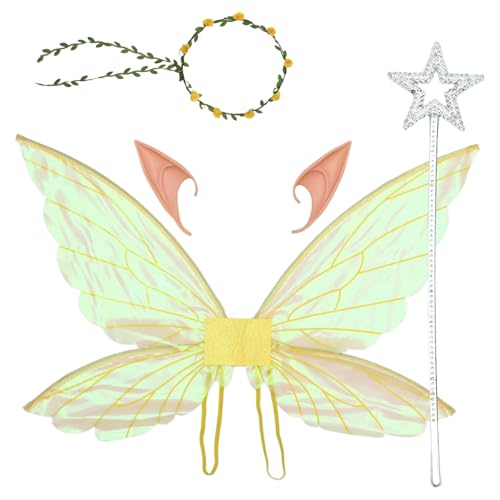 MSemis Erwachsene Kinder Funkelnde Durchsichtige Elfenflügel Blumenkranz Und Elfenohren Prinzessinnen Zauberstab Für Halloween Party Goldset Einheitsgröße von MSemis