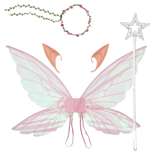 MSemis Erwachsene Kinder Funkelnde Durchsichtige Elfenflügel Blumenkranz Und Elfenohren Prinzessinnen Zauberstab Für Halloween Party Rosa Set Einheitsgröße von MSemis