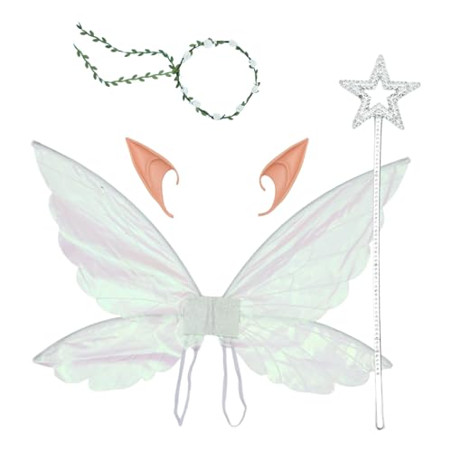 MSemis Erwachsene Kinder Funkelnde Durchsichtige Elfenflügel Blumenkranz Und Elfenohren Prinzessinnen Zauberstab Für Halloween Party Weißes Set Einheitsgröße von MSemis