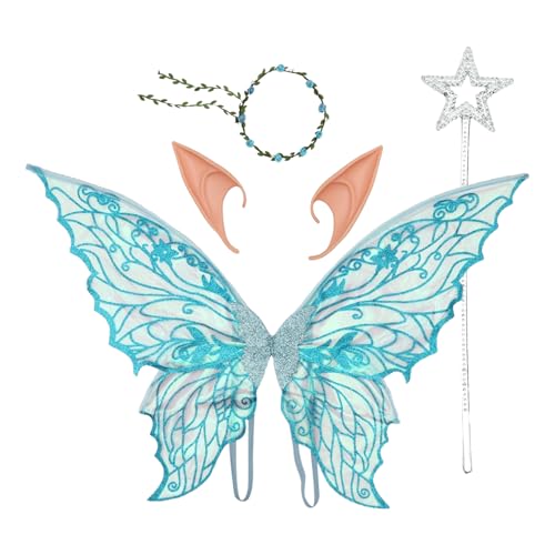 MSemis Erwachsene Kinder Schmetterlingsflügel Blumenkranz Und Elfenohren Prinzessinnen Zauberstab Für Halloween Party Blau Einheitsgröße von MSemis