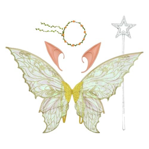 MSemis Erwachsene Kinder Schmetterlingsflügel Blumenkranz Und Elfenohren Prinzessinnen Zauberstab Für Halloween Party Gold Einheitsgröße von MSemis