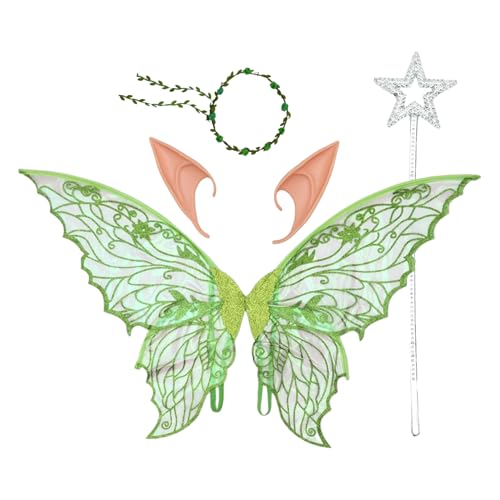 MSemis Erwachsene Kinder Schmetterlingsflügel Blumenkranz Und Elfenohren Prinzessinnen Zauberstab Für Halloween Party Grün Einheitsgröße von MSemis