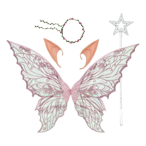 MSemis Erwachsene Kinder Schmetterlingsflügel Blumenkranz Und Elfenohren Prinzessinnen Zauberstab Für Halloween Party Rosa Einheitsgröße von MSemis
