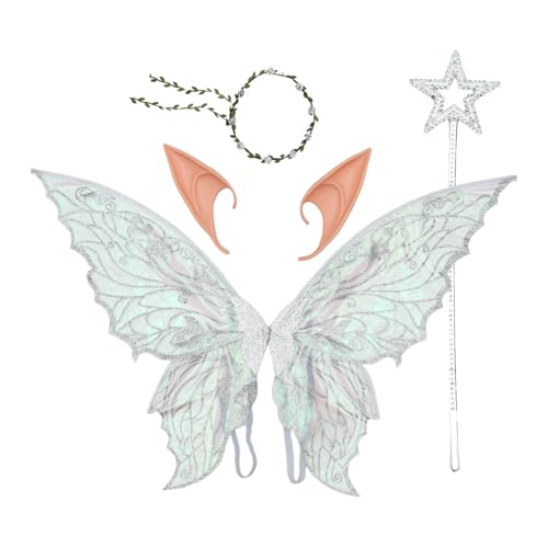 MSemis Erwachsene Kinder Schmetterlingsflügel Blumenkranz Und Elfenohren Prinzessinnen Zauberstab Für Halloween Party Silber Einheitsgröße von MSemis